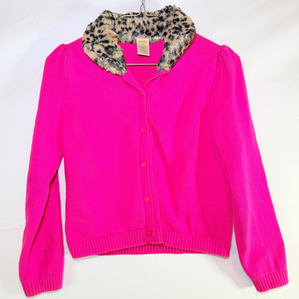 Gymboree Girls Hot Pink Cardigan Sweater Leopard Faux Fur Collar Size 12